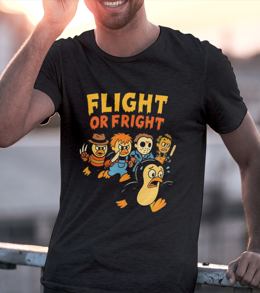 Flight Or Fright Penguin Horror Characters Comedy Mashup T-Shirt