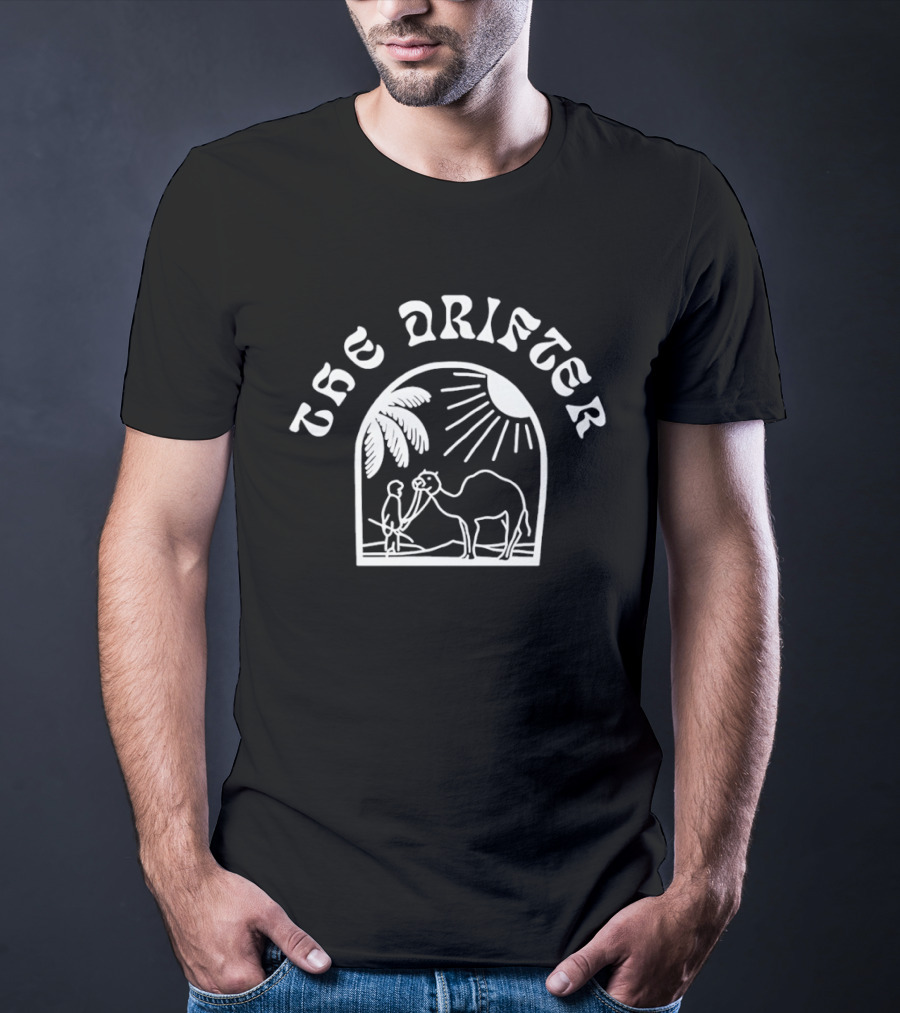 Jackie Quinones The Drifter Man Holding Camel Under Sun And Palm Trees T-Shirt