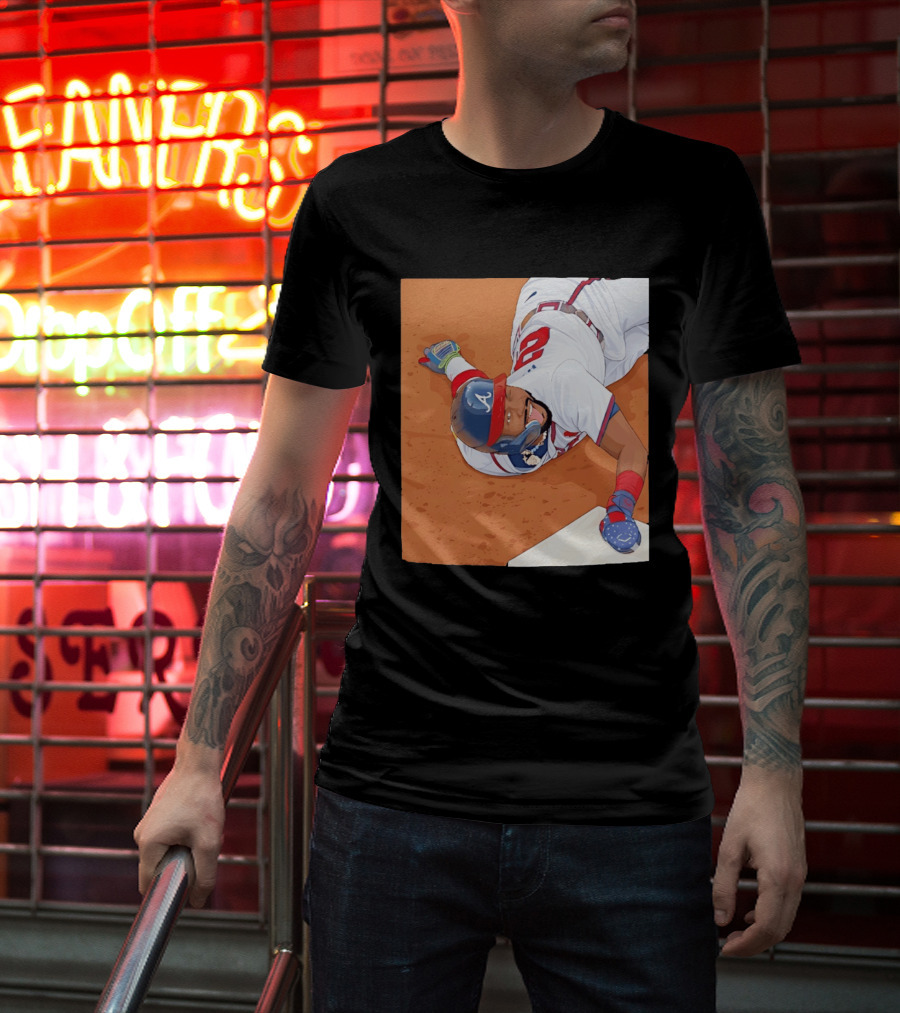 Ronald Acuna Jr Atlanta Braves Outfielder Sliding Baseball Action T-Shirt