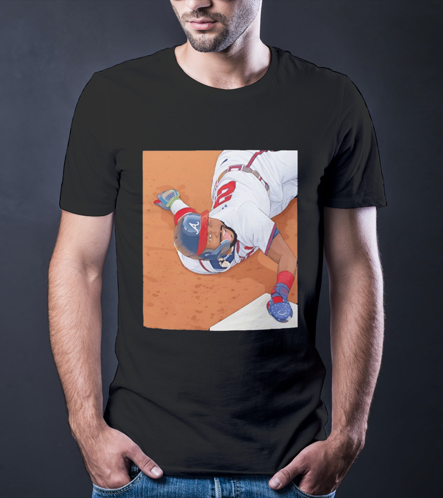 Ronald Acuna Jr Atlanta Braves Outfielder Sliding Baseball Action T-Shirt