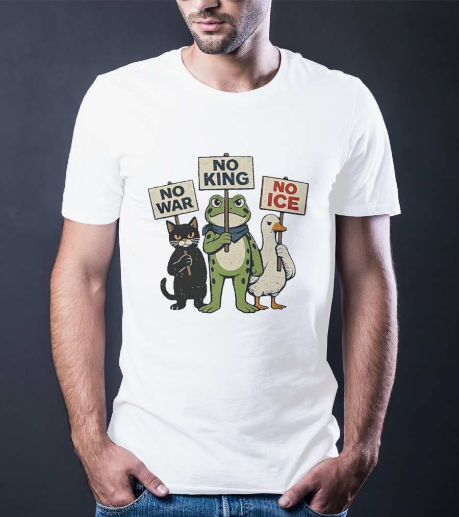 Black Cat Holing No War Frog Holding No King And Goose Holding No ICE Sign T-Shirt