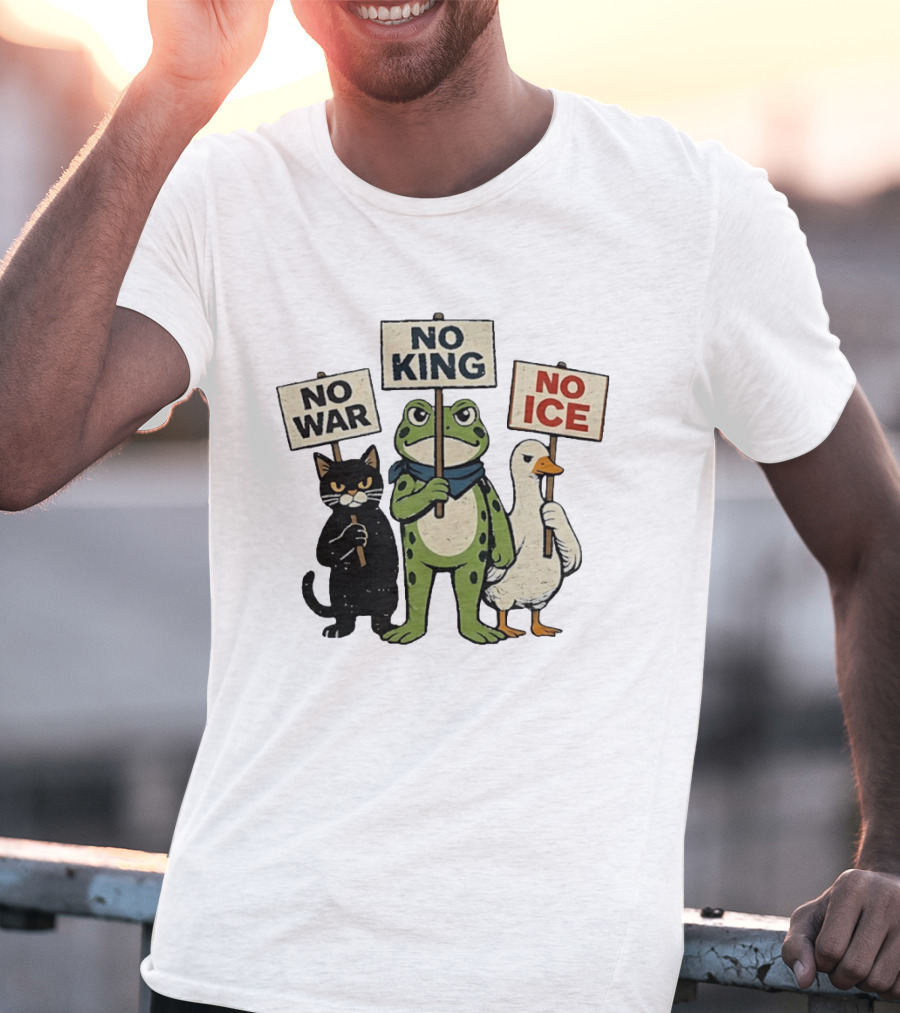 Black Cat Holing No War Frog Holding No King And Goose Holding No ICE Sign T-Shirt
