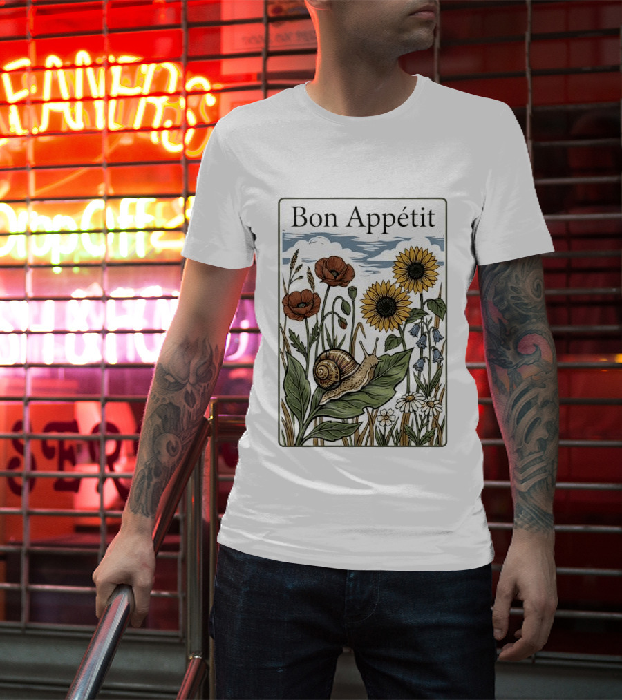 Bon Appétit Floral Snail Sunflowers And Poppies T-Shirt