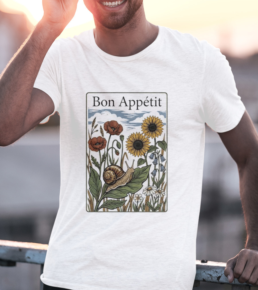 Bon Appétit Floral Snail Sunflowers And Poppies T-Shirt