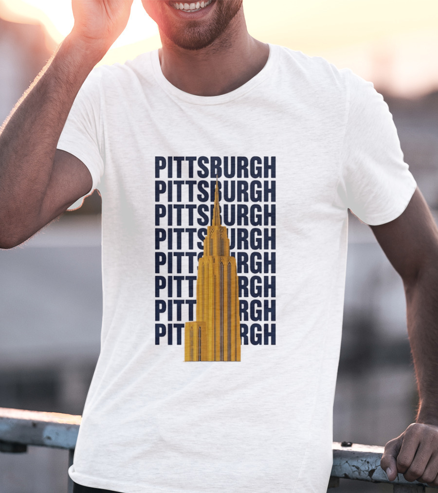 Pittsburgh Golden Tower Repeated Text Cityscape T-Shirt