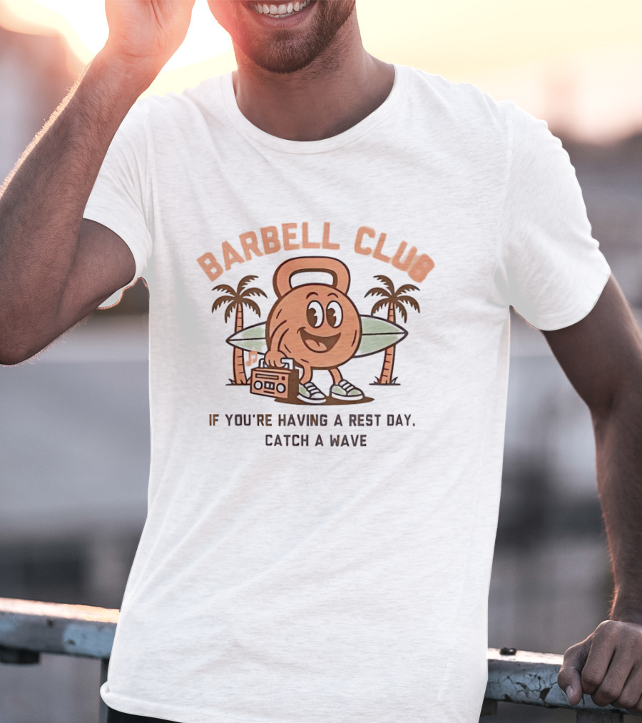 Barbell Club Rest Day Catch A Wave Surfing Palms Retro Kettlebell T-Shirt