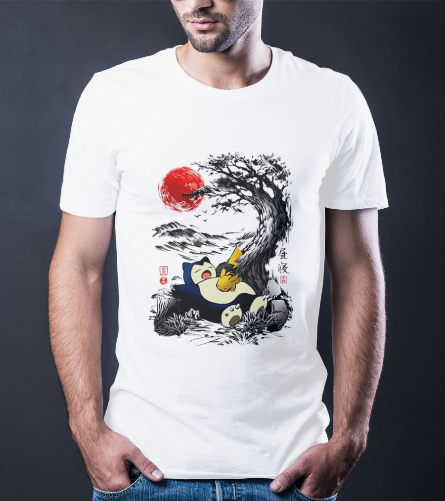 Snorlax Pikachu Napping Under Red Sun Tree T-Shirt