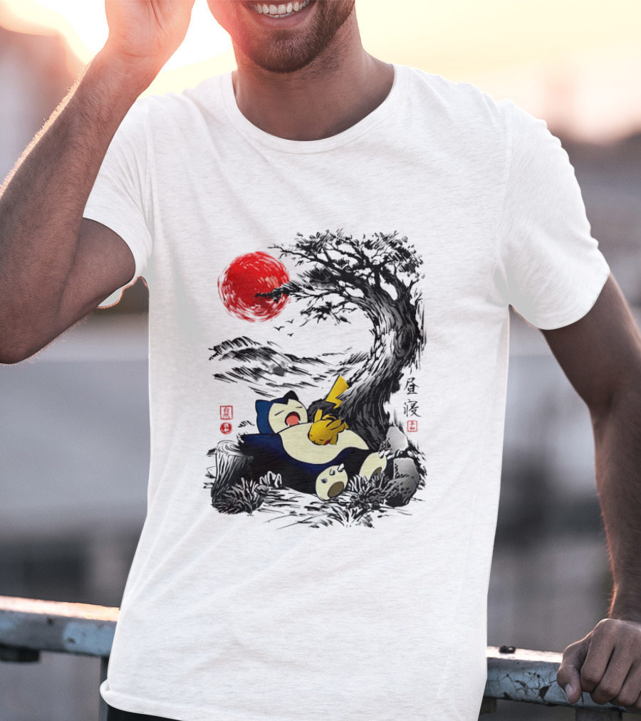 Snorlax Pikachu Napping Under Red Sun Tree T-Shirt