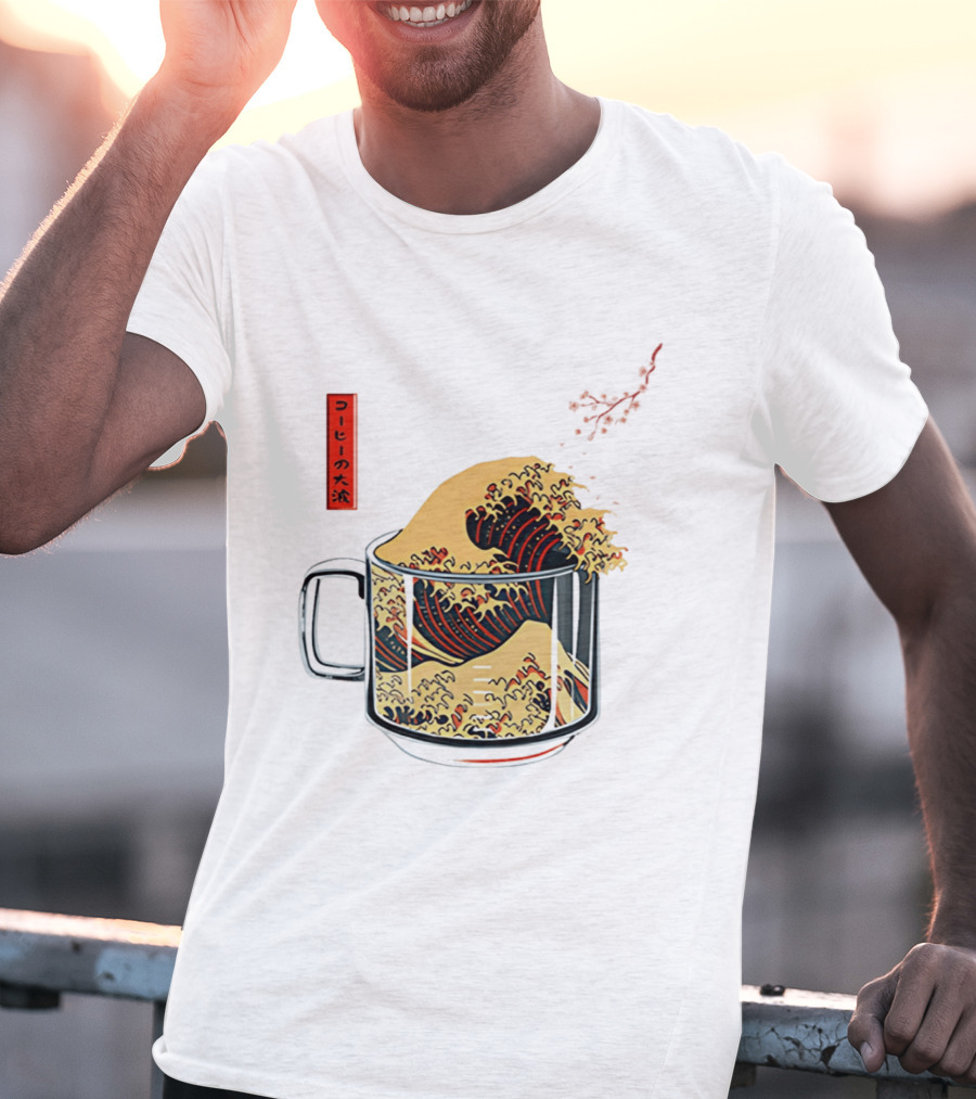The Great Wave Of Coffee In A Cup With Japanese T-Shirt
