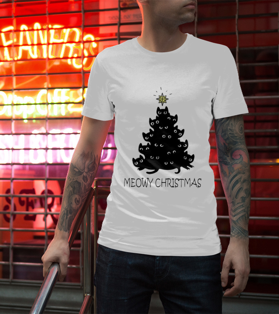 Black Cat Pine Tree Shape Meowy Christmas Star T-Shirt