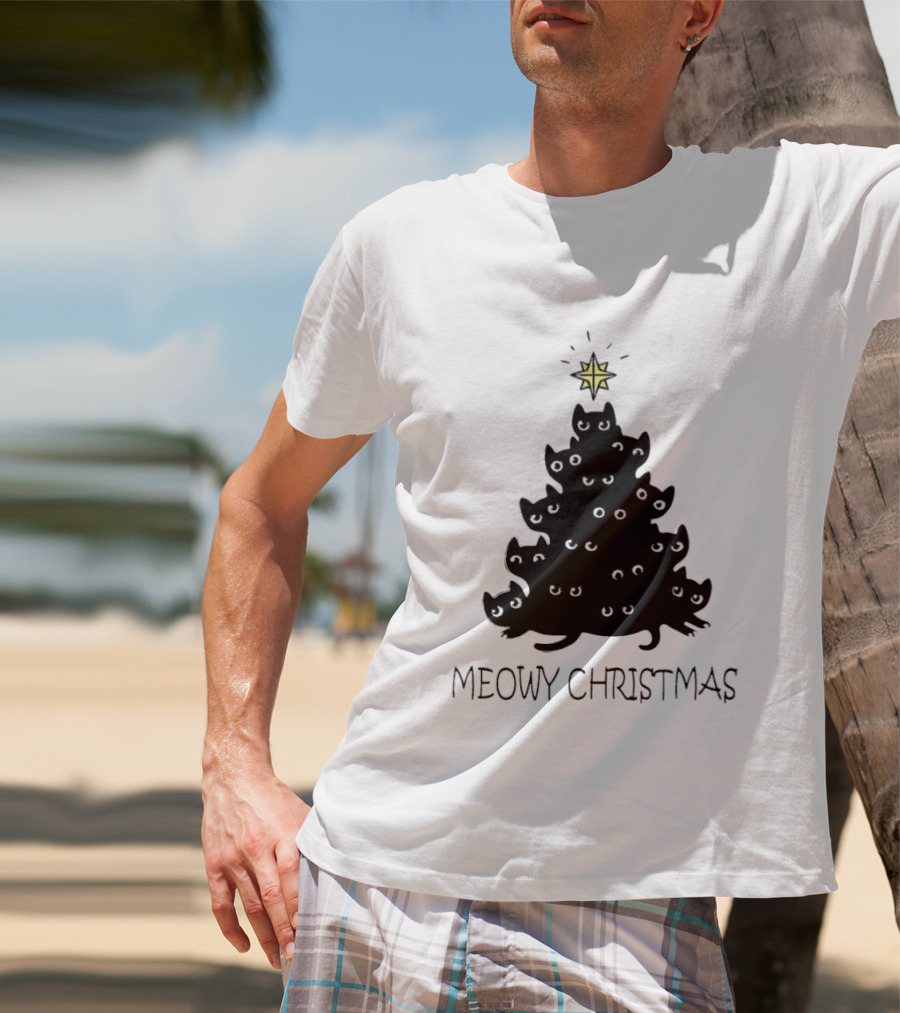 Black Cat Pine Tree Shape Meowy Christmas Star T-Shirt