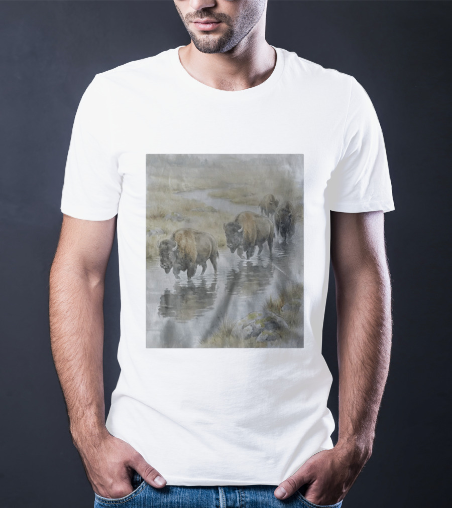 Bison Herd Crossing River On Prairie Landscape Scene T-Shirt