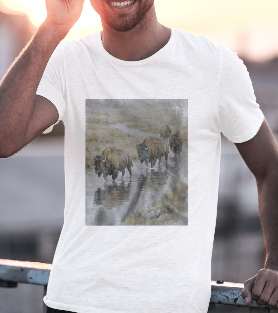 Bison Herd Crossing River On Prairie Landscape Scene T-Shirt