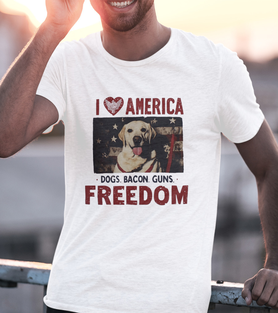 I Love America Dogs Bacon Guns Freedom Labrador Stars And Stripes T-Shirt