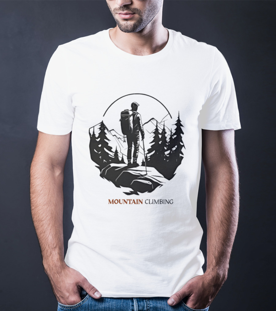 Mountain Climbing Adventure Climber On Cliff Overlooking Mountain And Forest T-Shirt
