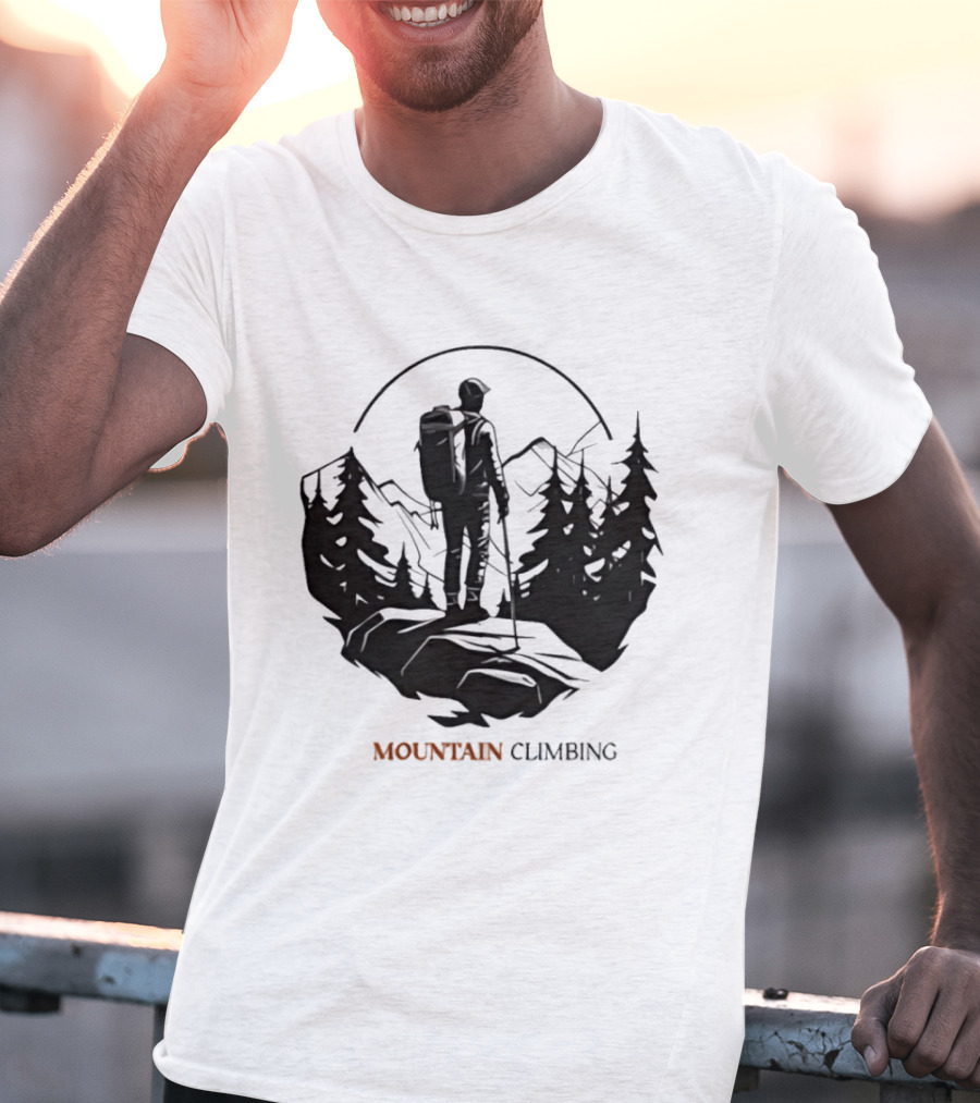 Mountain Climbing Adventure Climber On Cliff Overlooking Mountain And Forest T-Shirt