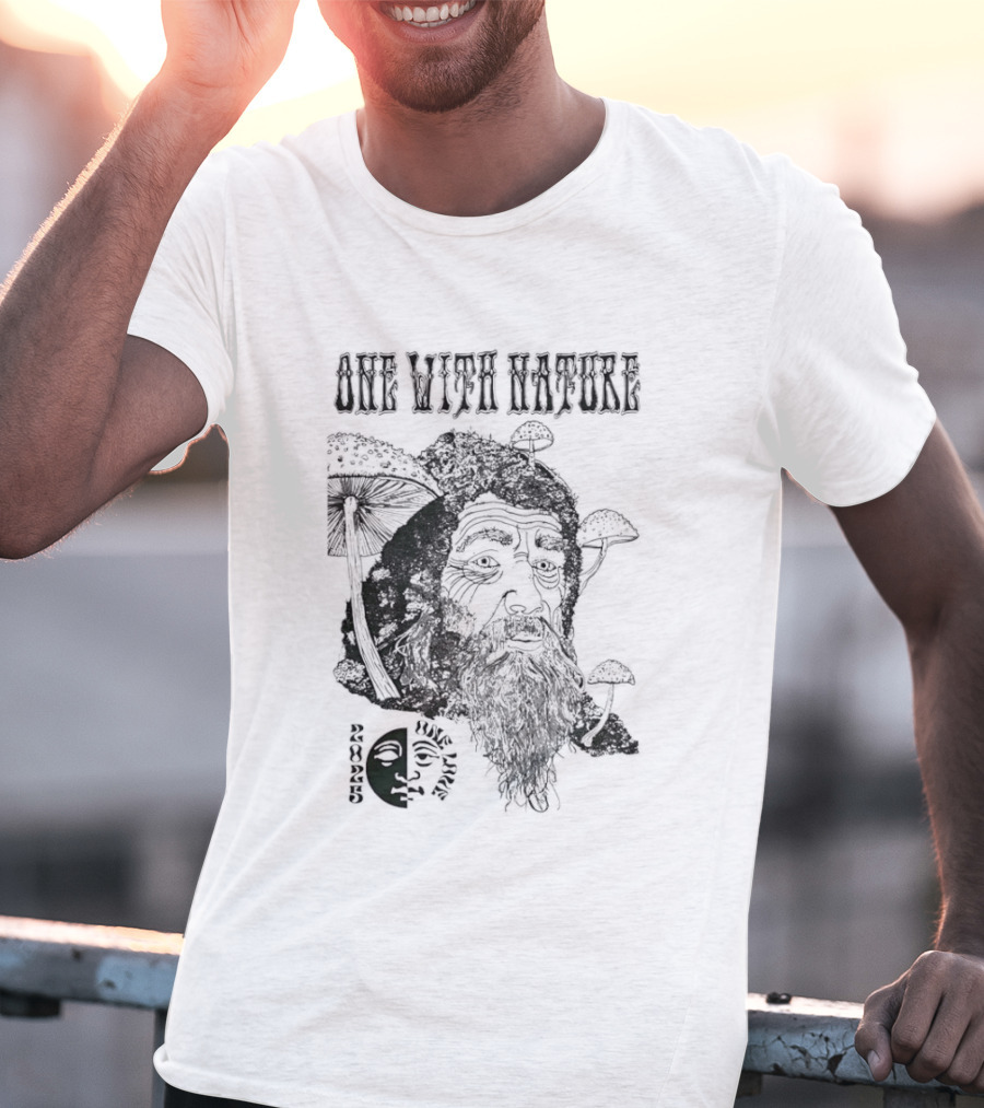 One With Nature Mushroom Face With Beard And Mushrooms T-Shirt