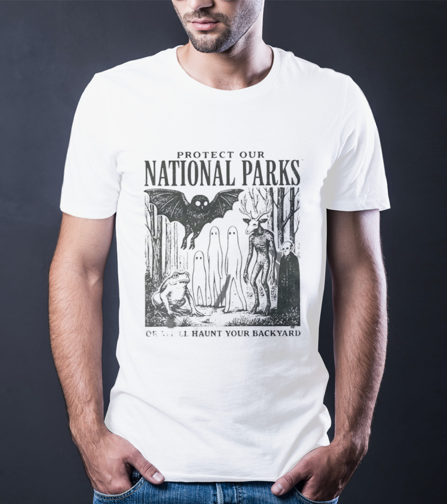 Protect Our National Parks Mothman Bigfoot Ghost Deer Cryptid Horror Characters T-Shirt