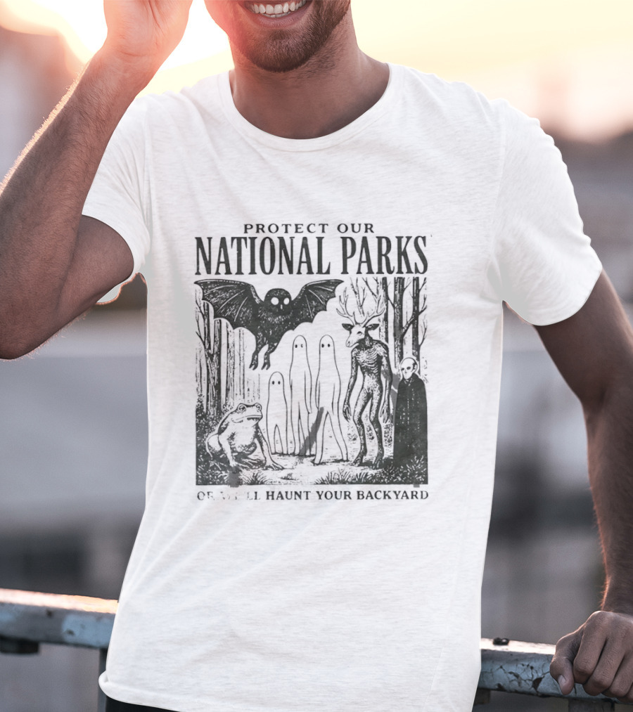 Protect Our National Parks Mothman Bigfoot Ghost Deer Cryptid Horror Characters T-Shirt