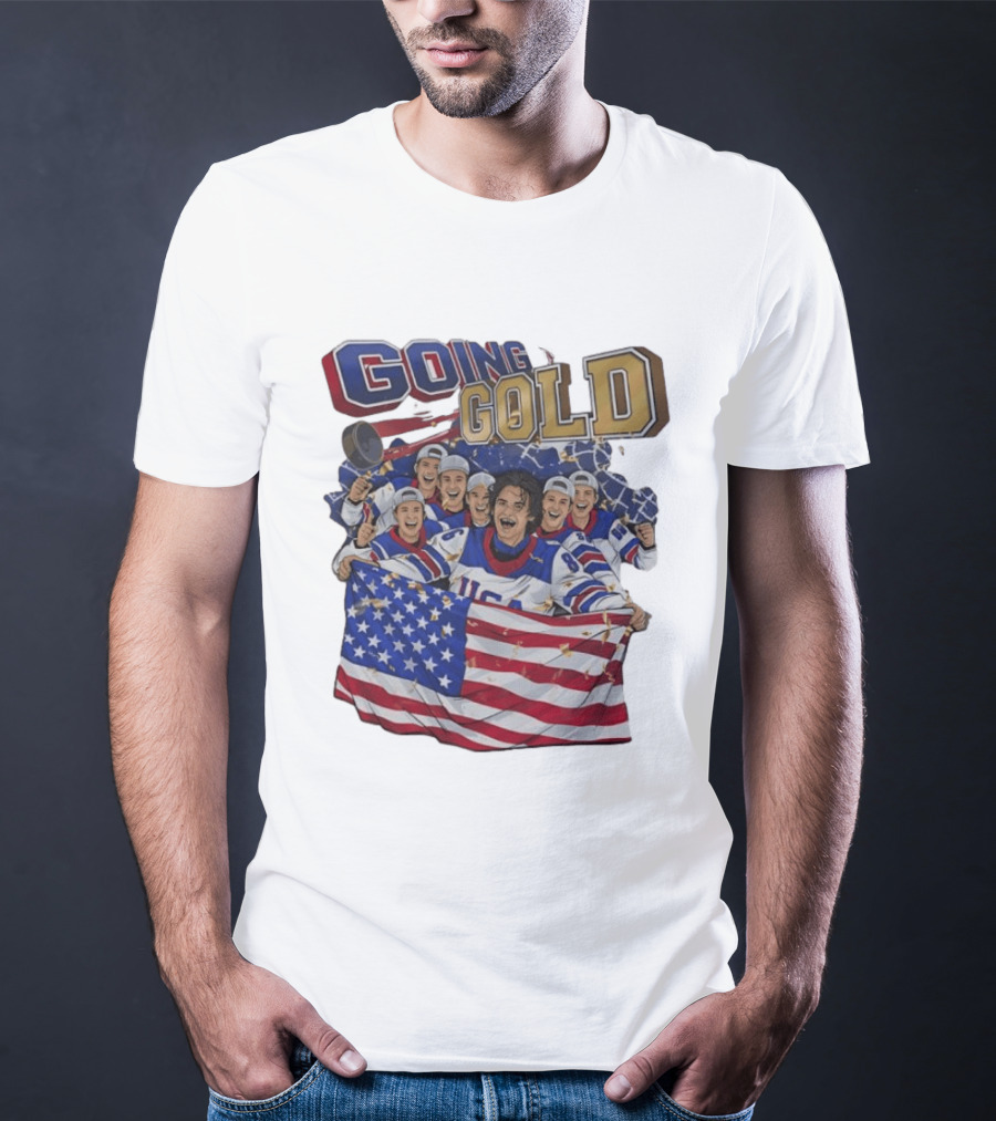 GOING GOLD USA Hockey Team Celebration With Flag T-Shirt