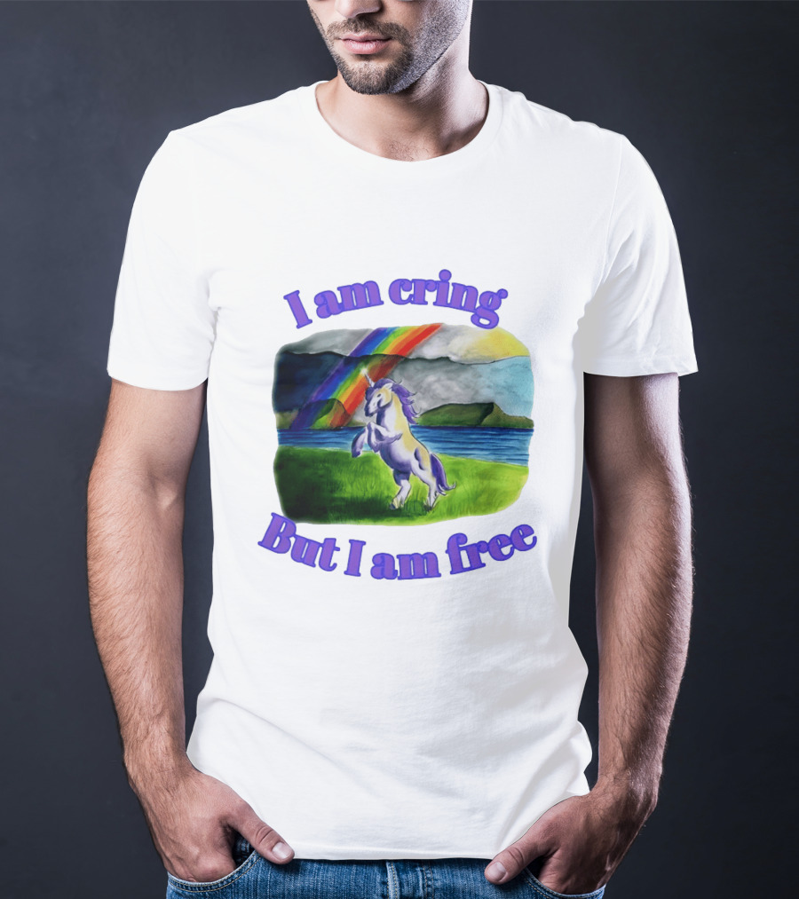 Unicorn I Am Cringe But I Am Free Rainbow Meadow T-Shirt