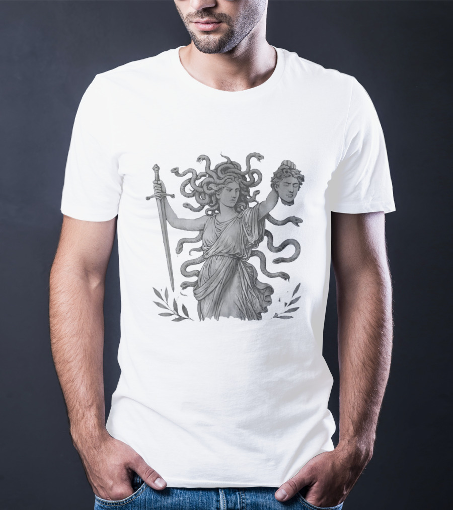 Medusa Holding Sword And Michael Head With Serpent Hair T-Shirt