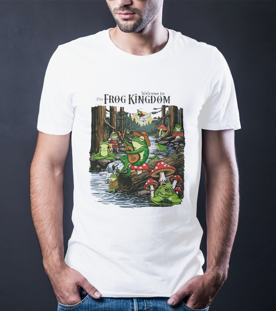 Frog Playing Guitar Forest Gathering Welcome To The Frog Kingdom T-Shirt