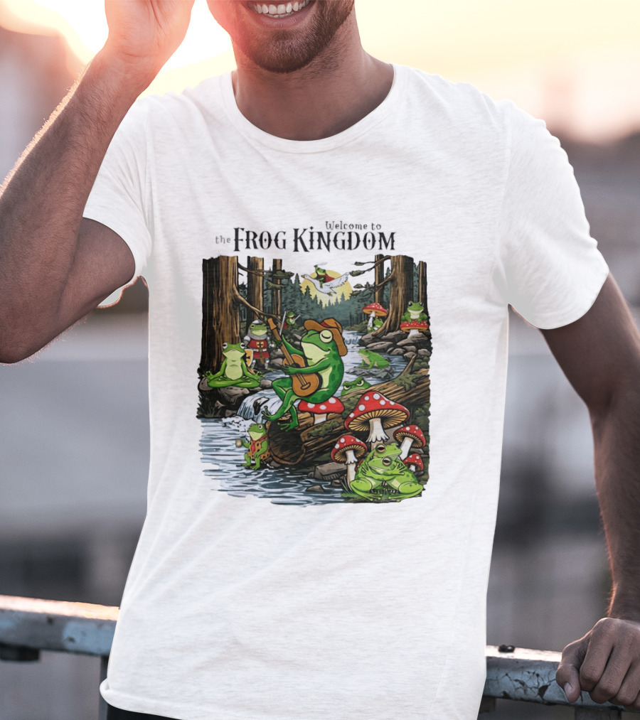 Frog Playing Guitar Forest Gathering Welcome To The Frog Kingdom T-Shirt