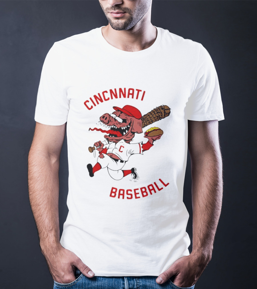 Cincinnati Baseball Pig Holding Hot Dog Bat T-Shirt