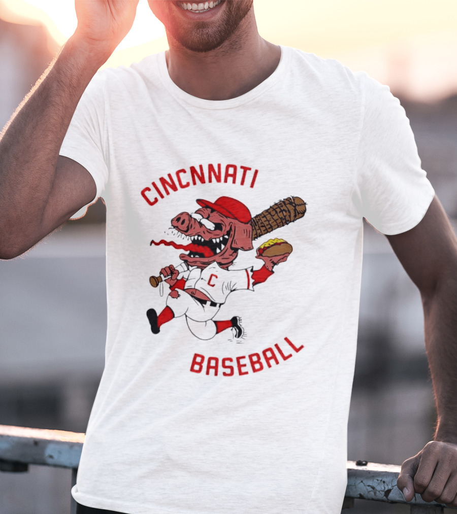 Cincinnati Baseball Pig Holding Hot Dog Bat T-Shirt