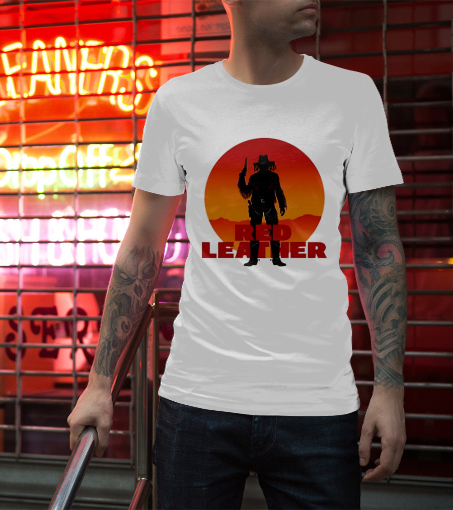 Red Leather Cowboy Sunset Silhouette With Gun And Hat In Desert T-Shirt