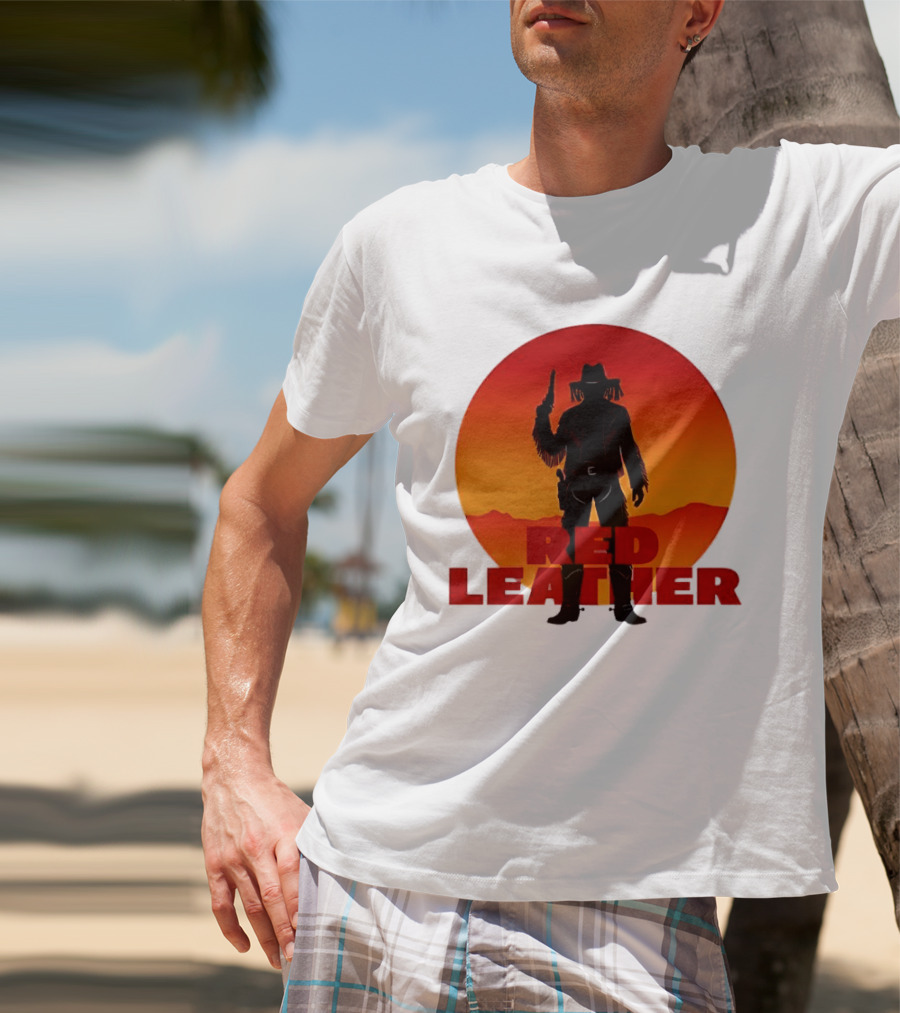 Red Leather Cowboy Sunset Silhouette With Gun And Hat In Desert T-Shirt