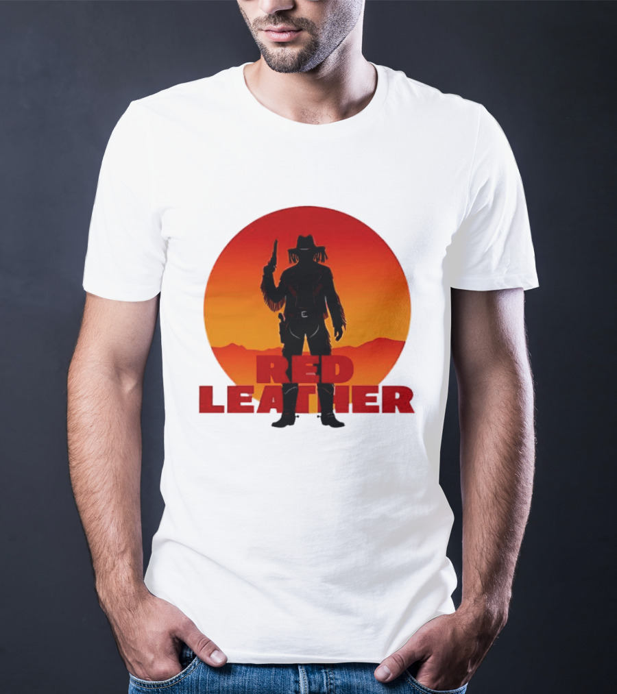 Red Leather Cowboy Sunset Silhouette With Gun And Hat In Desert T-Shirt