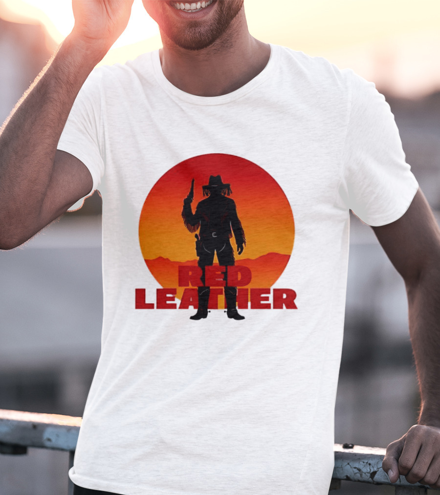 Red Leather Cowboy Sunset Silhouette With Gun And Hat In Desert T-Shirt