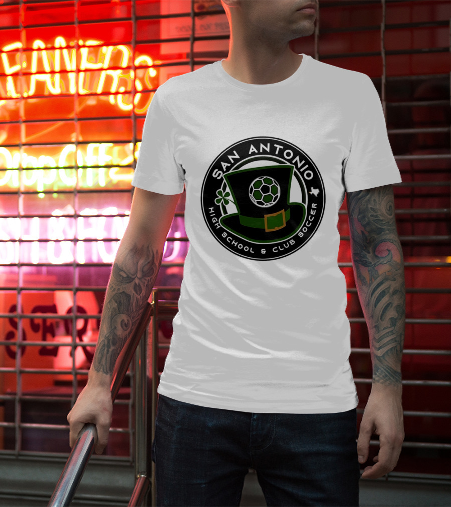 San Antonio High School Club Soccer Leprechaun Hat Soccer Ball And Shamrock T-Shirt