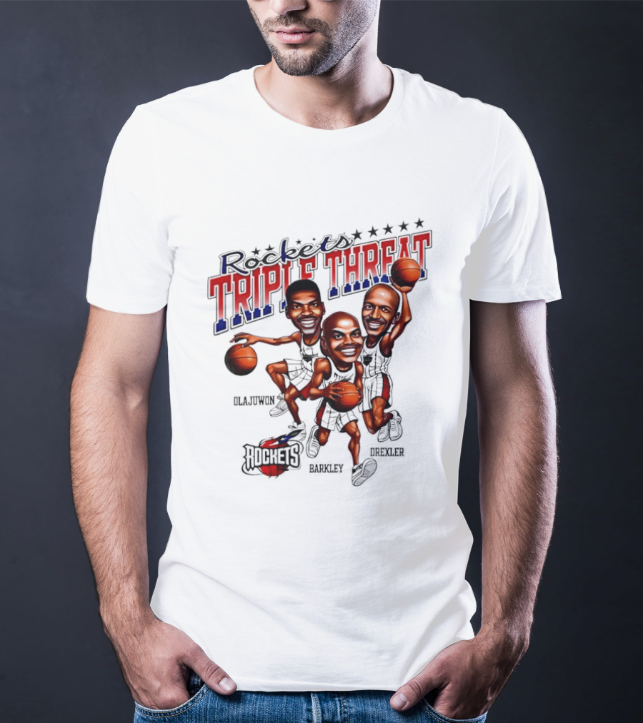 Hakeem Olajuwon Charles Barkley Clyde Drexler Rockets Triple Threat NBA Legends T-Shirt