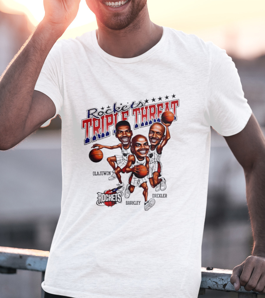 Hakeem Olajuwon Charles Barkley Clyde Drexler Rockets Triple Threat NBA Legends T-Shirt