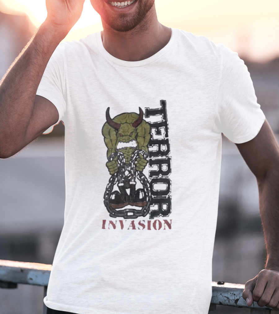 Terror Invasion Demon Holding Chains Warrior Monster T-Shirt