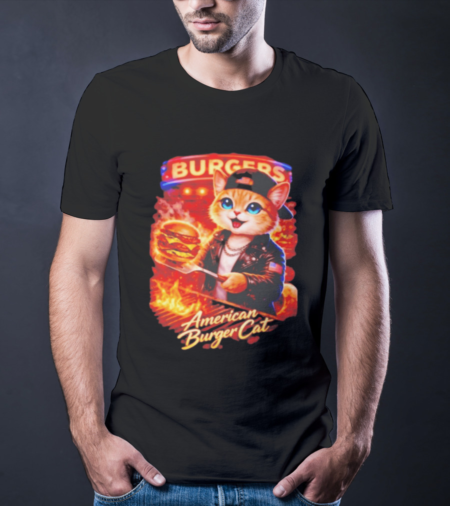 Burgers Flame Grilling American Burger Cat Fun T-Shirt