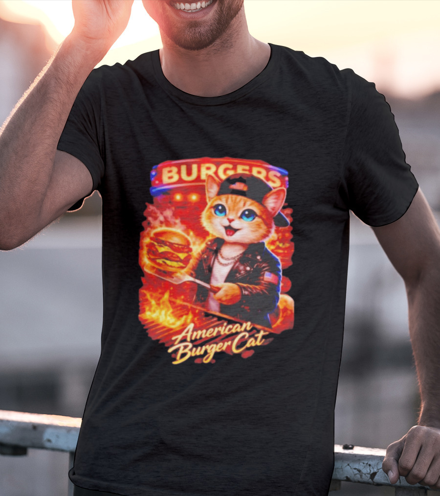 Burgers Flame Grilling American Burger Cat Fun T-Shirt