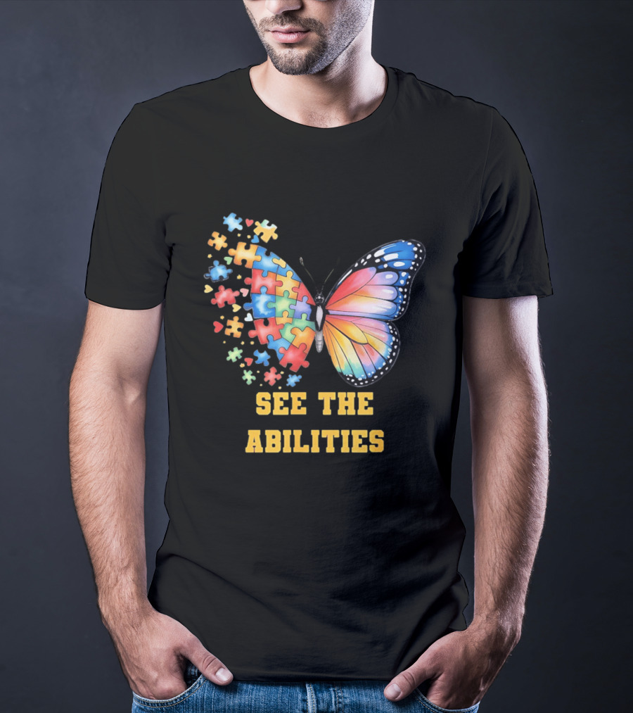 Butterfly Puzzle Pieces Autism Awareness See The Abilities T-Shirt