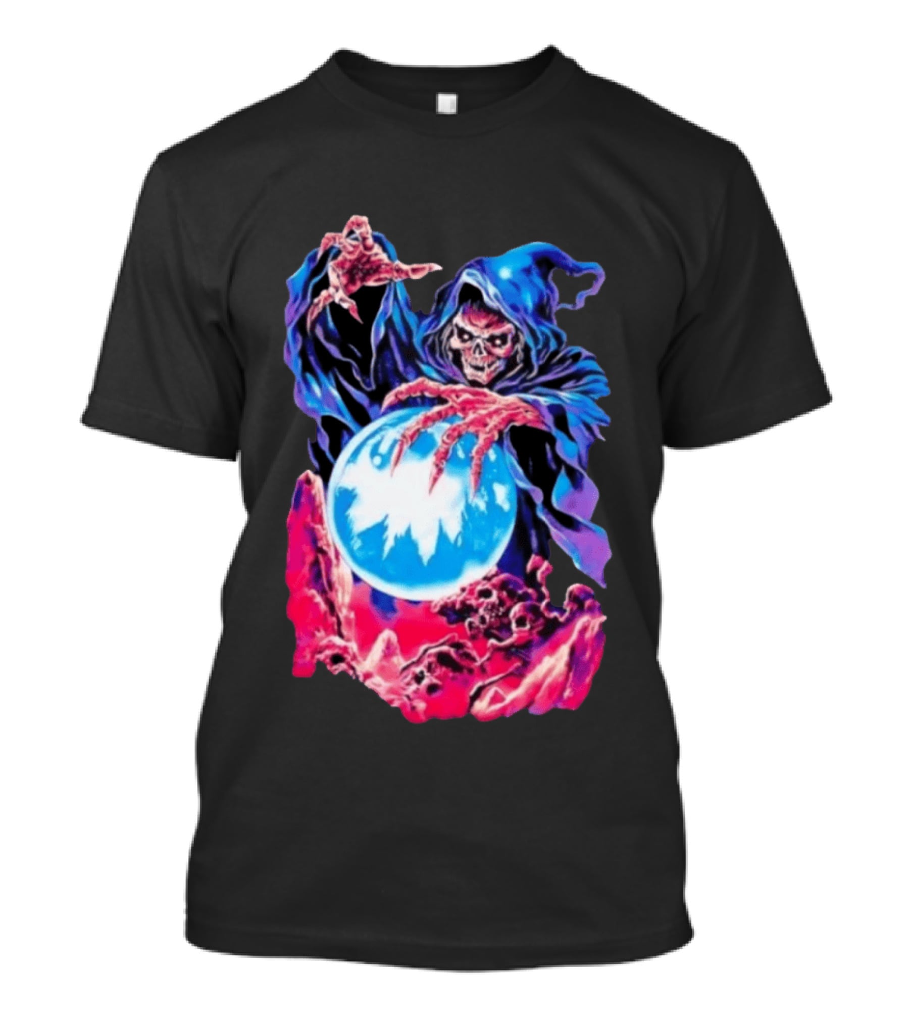 Grim Reaper Crystal Ball Skull Mystical Skeleton Hooded Cloak T-Shirt