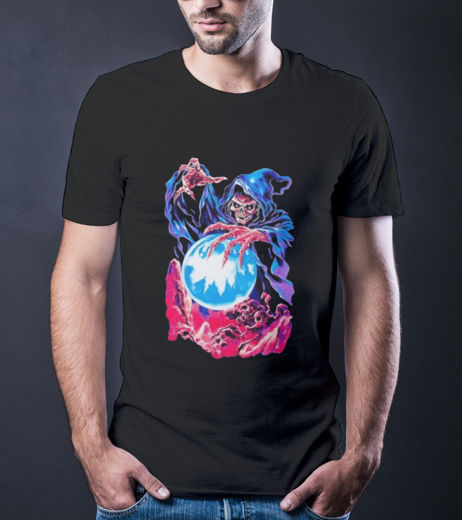 Grim Reaper Crystal Ball Skull Mystical Skeleton Hooded Cloak T-Shirt