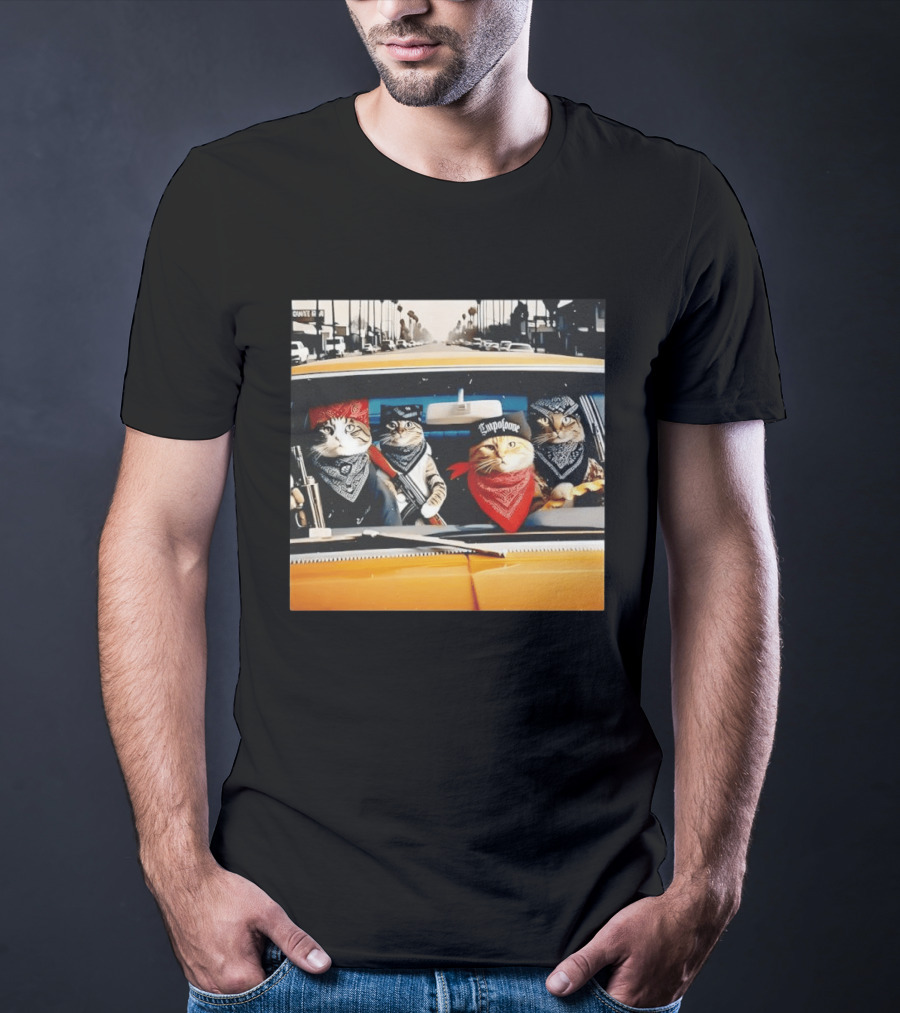 Gangster Cats In Lowrider Car With Bandanas And Guns T-Shirt