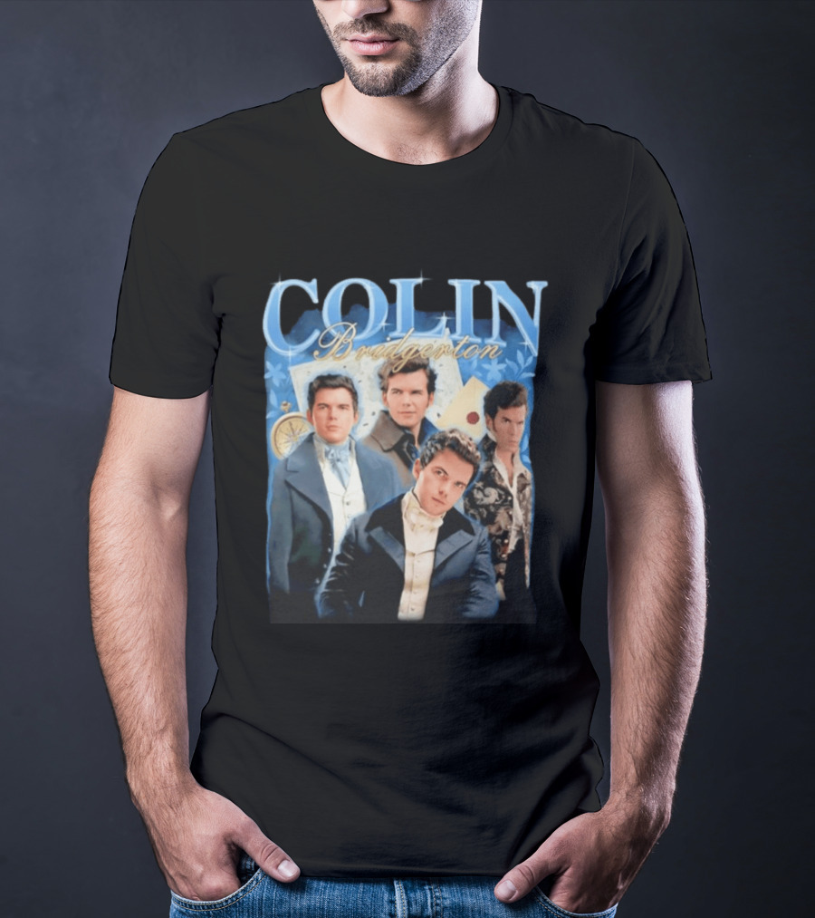 Colin Bridgerton Regency Style Fashion Characters On Blue T-Shirt