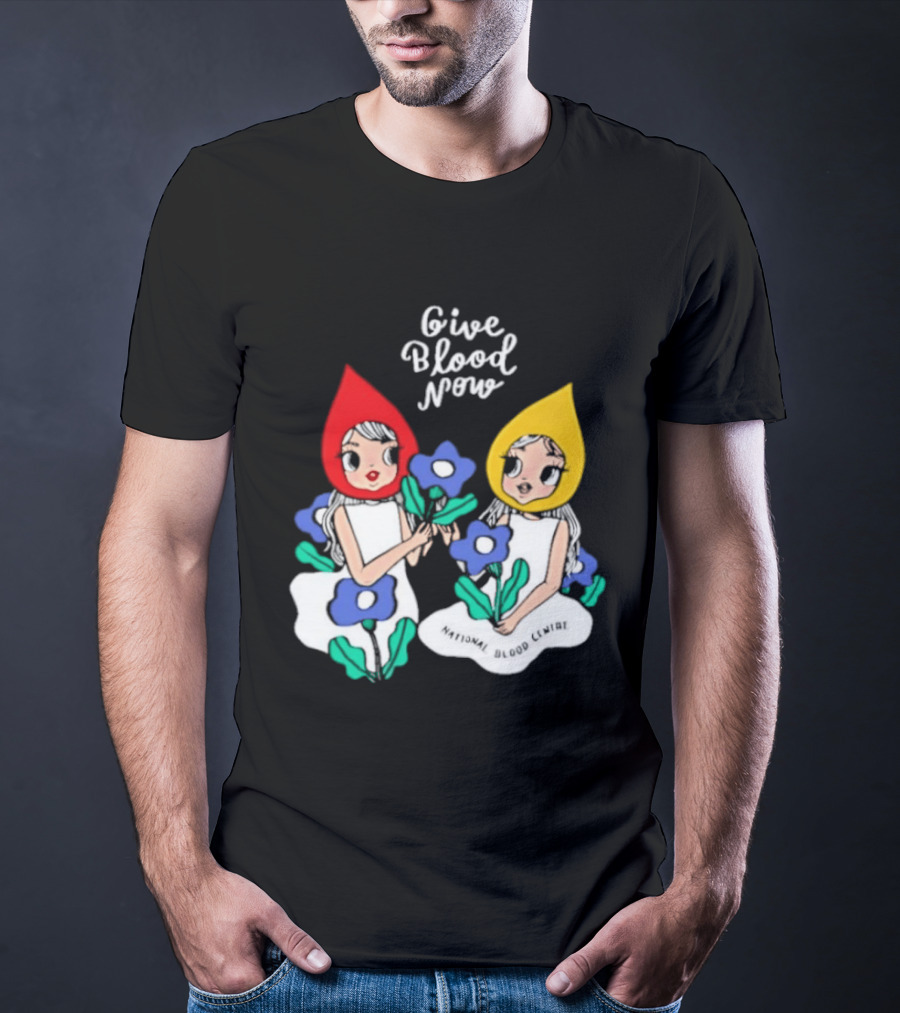 Give Blood Now National Blood Centre Cartoon Girls With Flowers T-Shirt