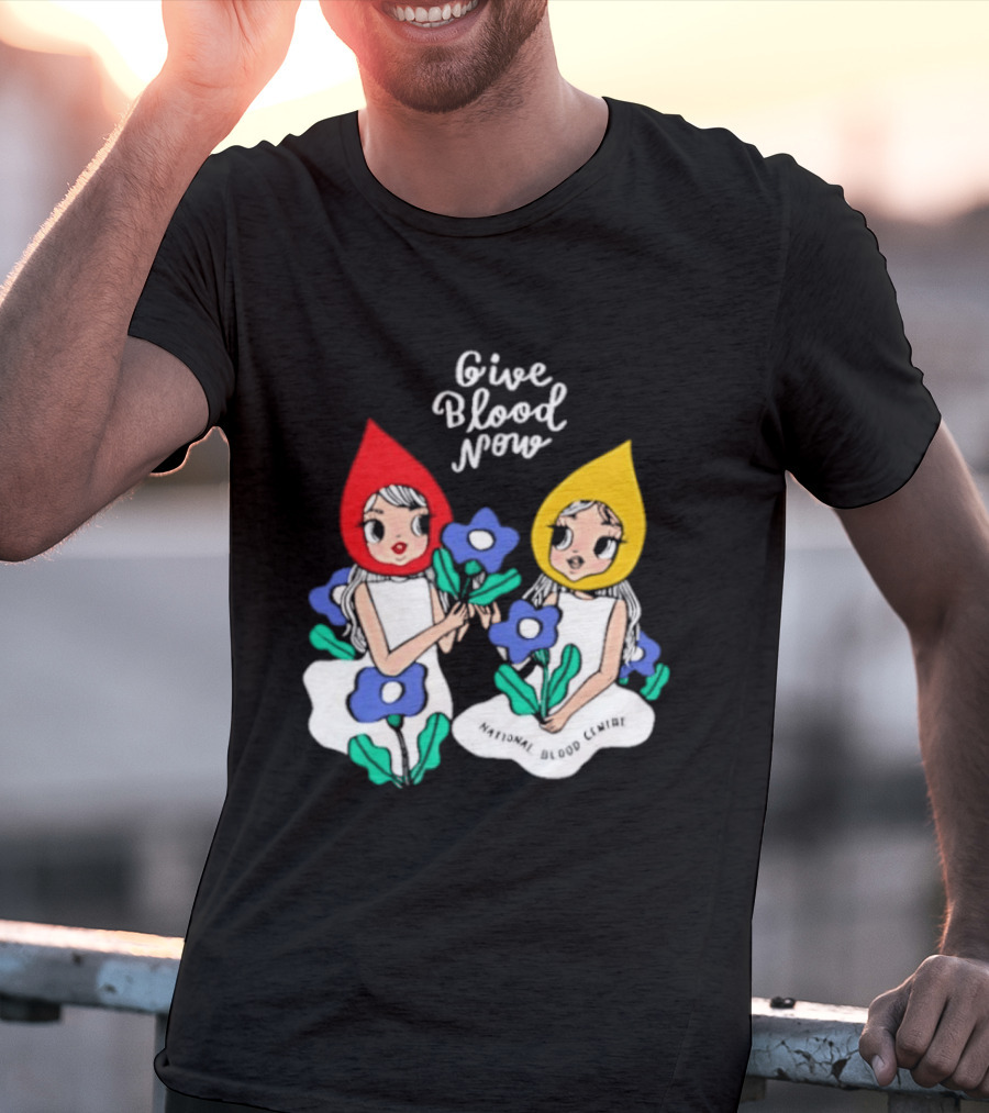 Give Blood Now National Blood Centre Cartoon Girls With Flowers T-Shirt