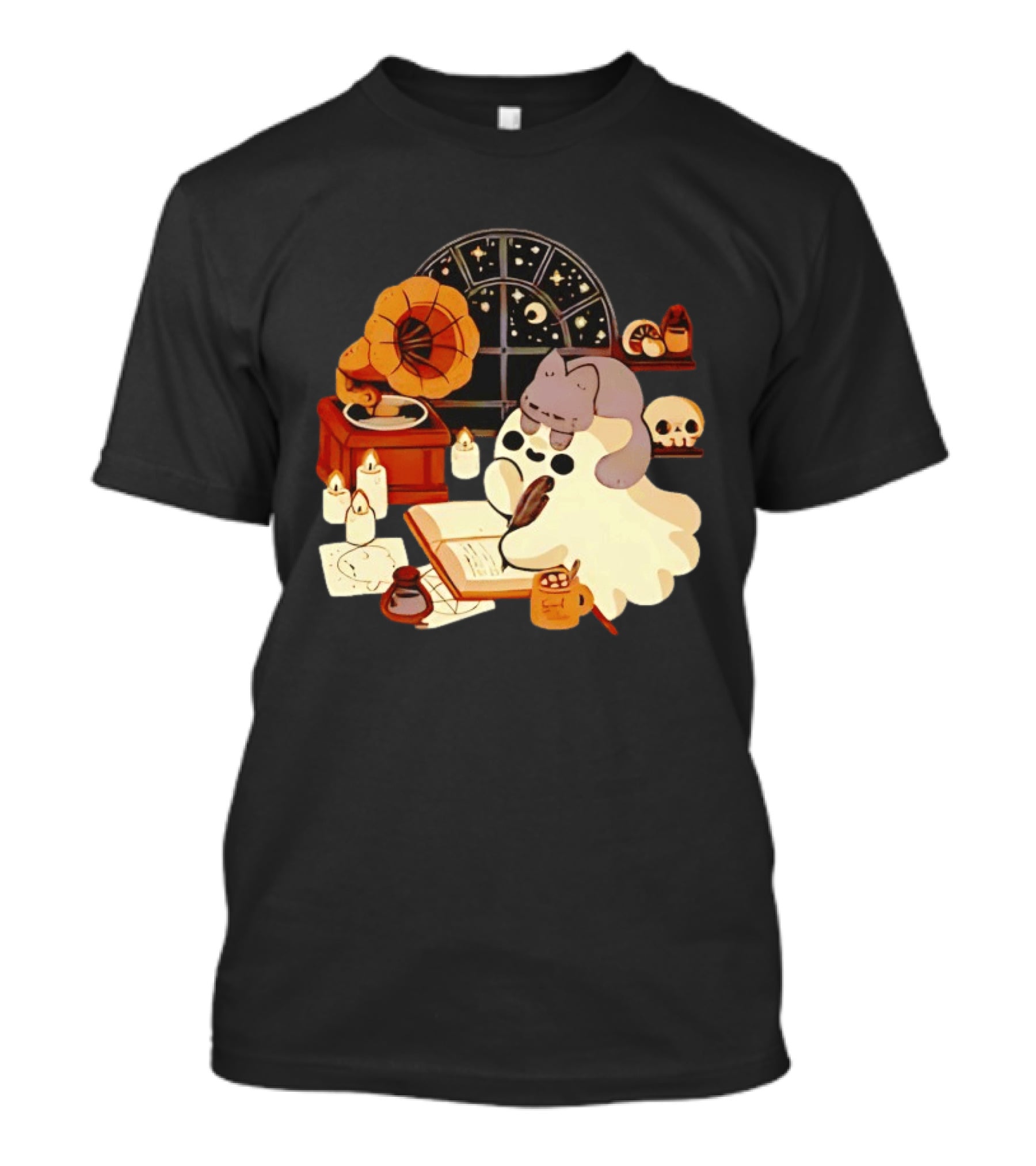 Ghost Cat Listening To Phonograph Under Night Sky While Writing T-Shirt