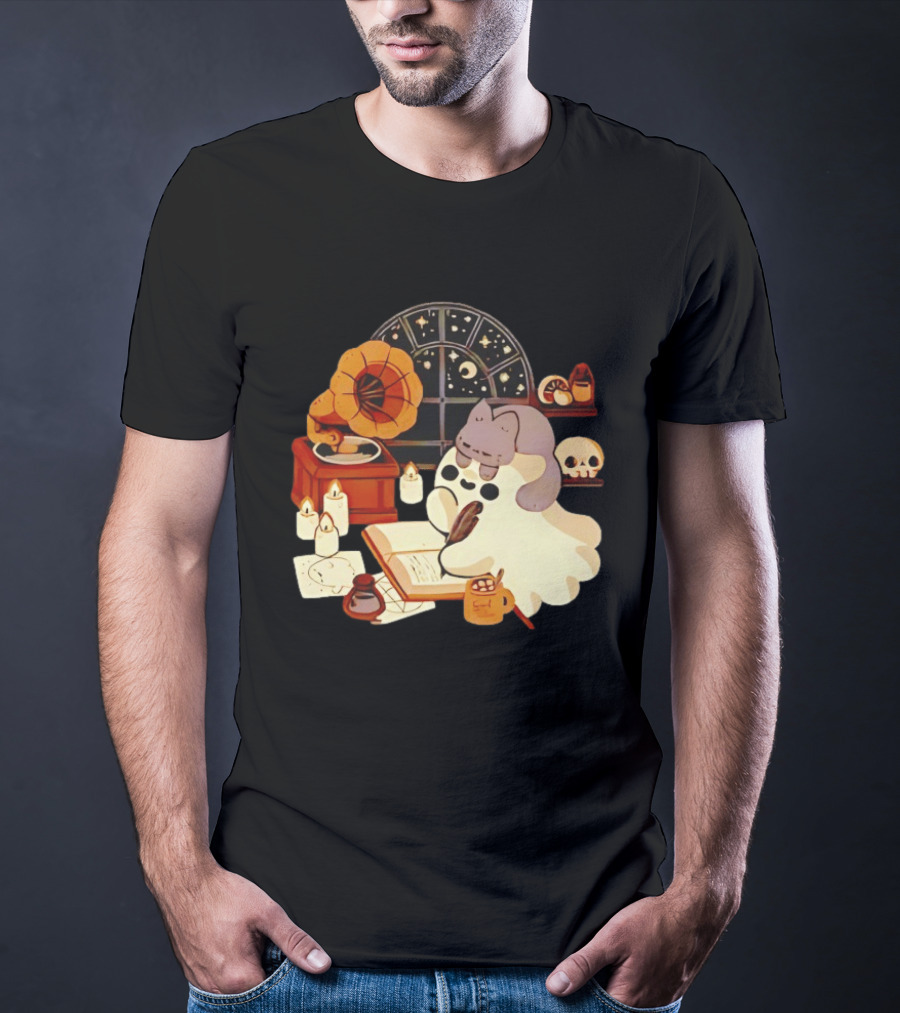 Ghost Cat Listening To Phonograph Under Night Sky While Writing T-Shirt