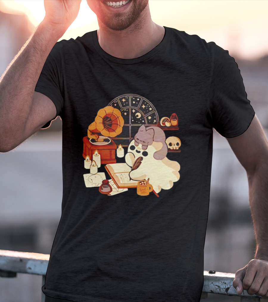 Ghost Cat Listening To Phonograph Under Night Sky While Writing T-Shirt